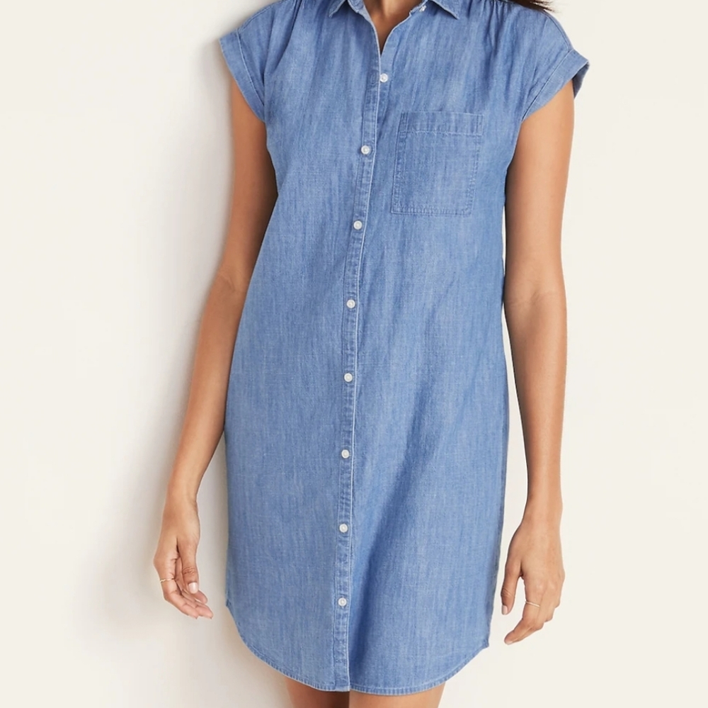 Old Navy Linen-Blend Shirred Shirt Dress Medium Wash M Old Navy Linen-Blend Shirred Shirt Dress Medium Wash M